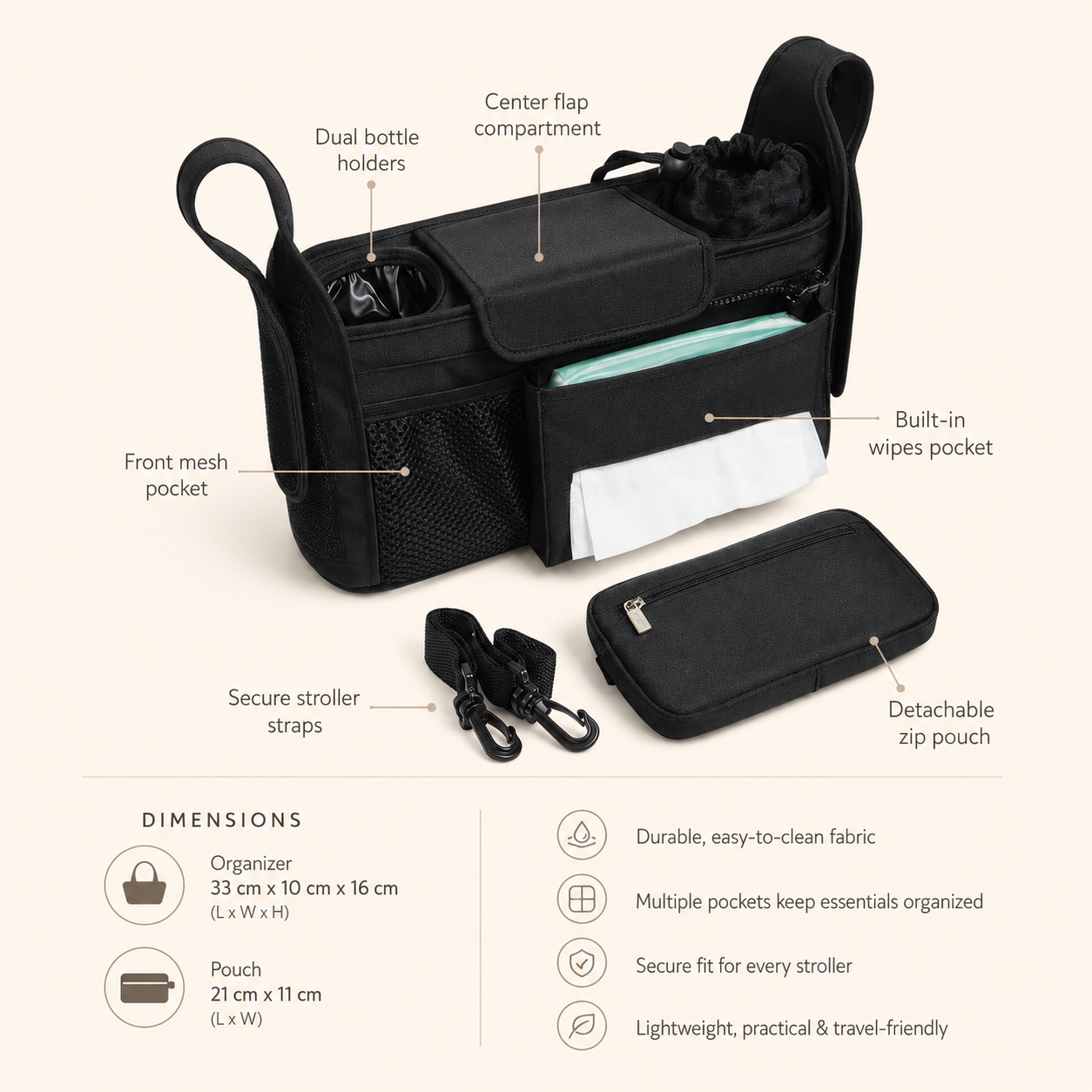 Noa Nest Pram Organiser Bag with Bottle Holders, Phone Pocket & Zip Pouch