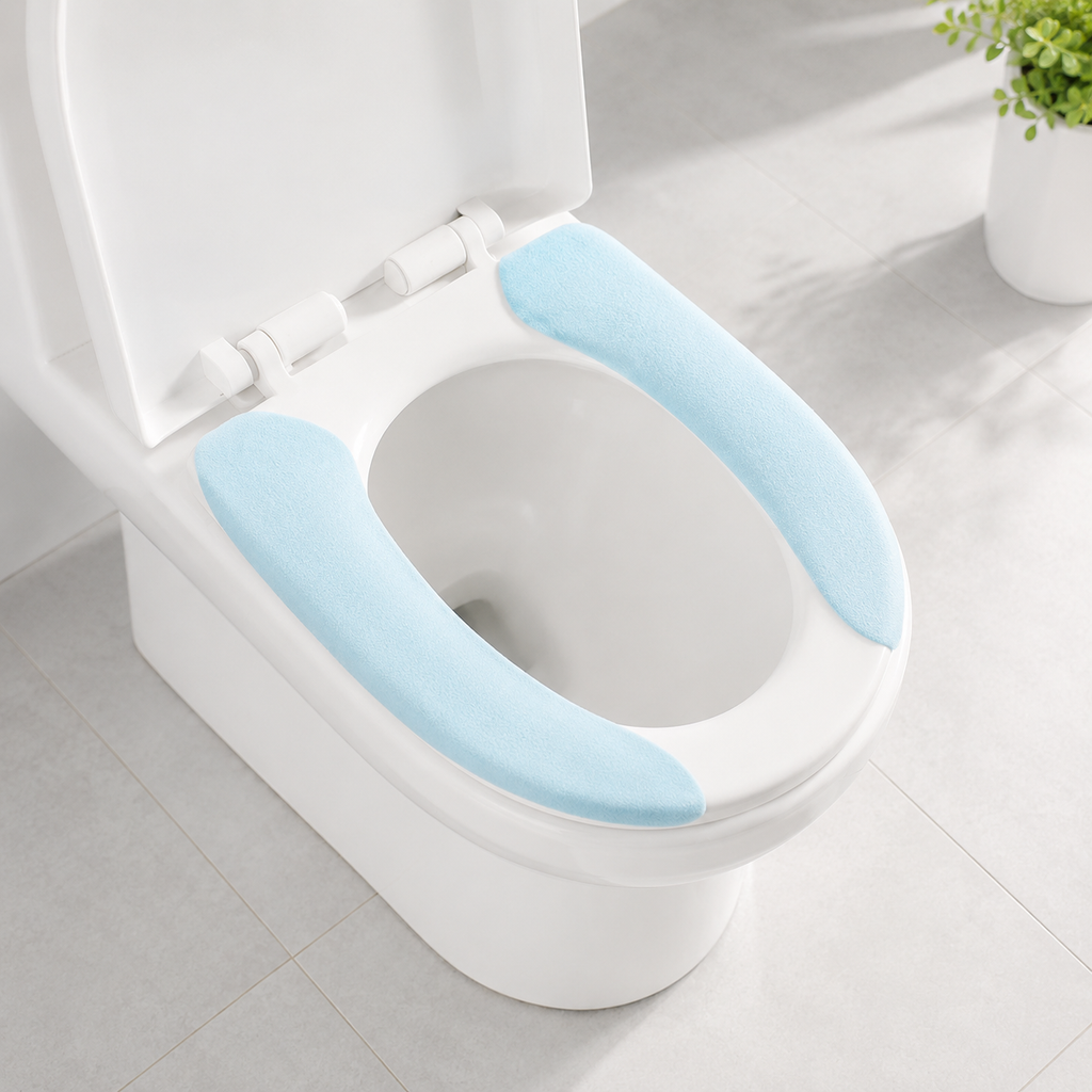 Toilet with a blue cushioned seat cover in a bathroom setting