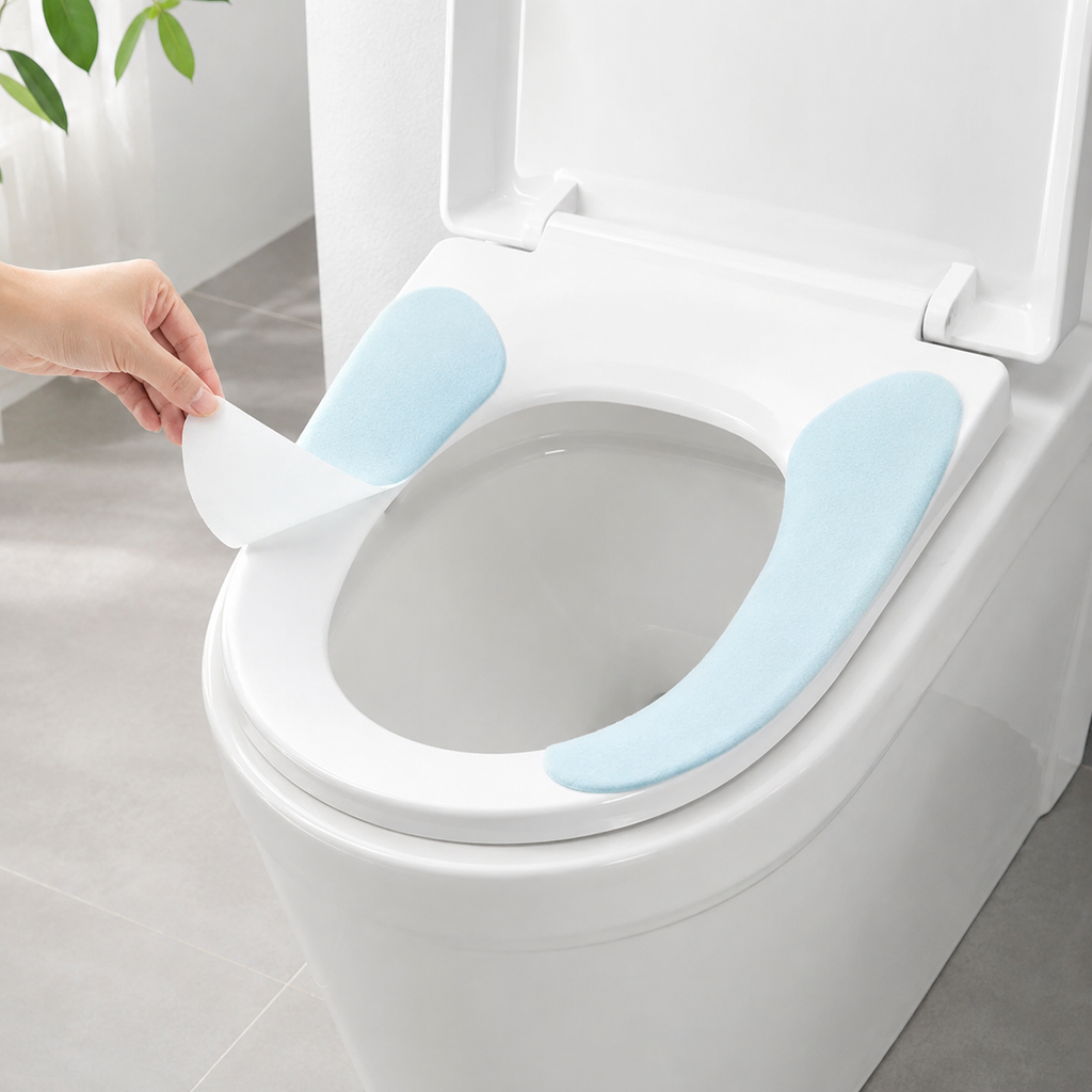 Light blue toilet seat cover being placed on a white toilet.