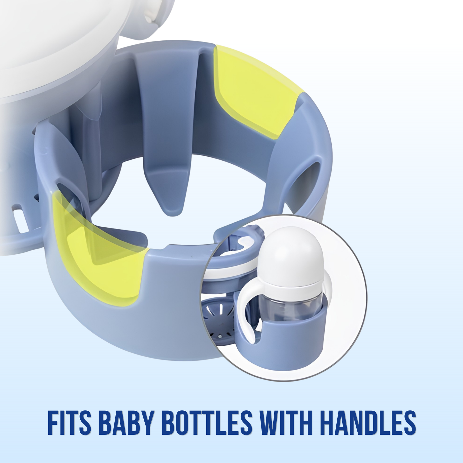 Stroller cup holder designed to fit baby bottles with handles securely without tipping or slipping during walks