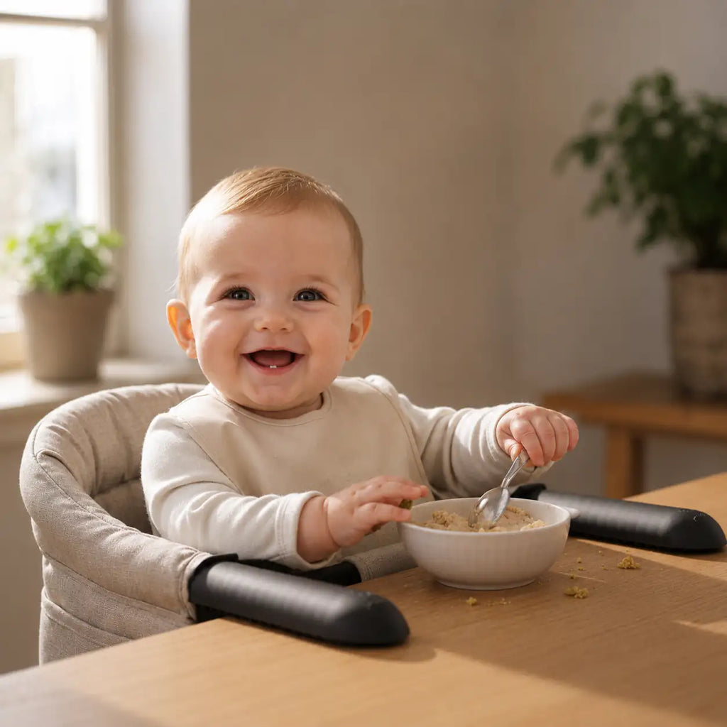Baby sitting in a hook on high chair eating from a bowl with a spoon, smiling.