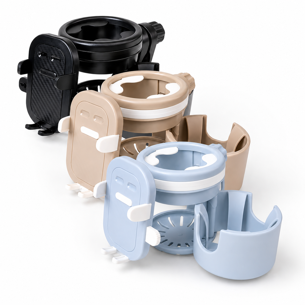 Set of three car cup holders in black, beige, and blue on a white background