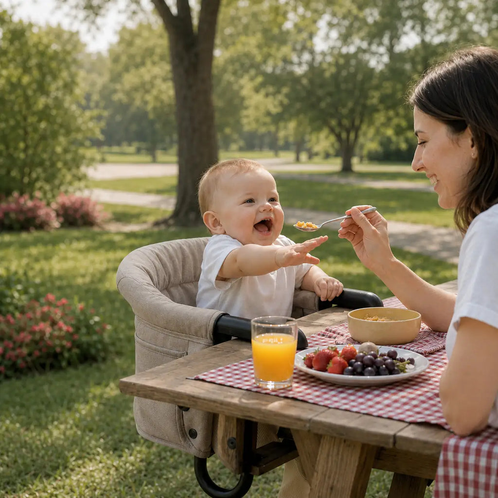 Mom feeding a baby in a hook on high chair outdoors at a picnic table.