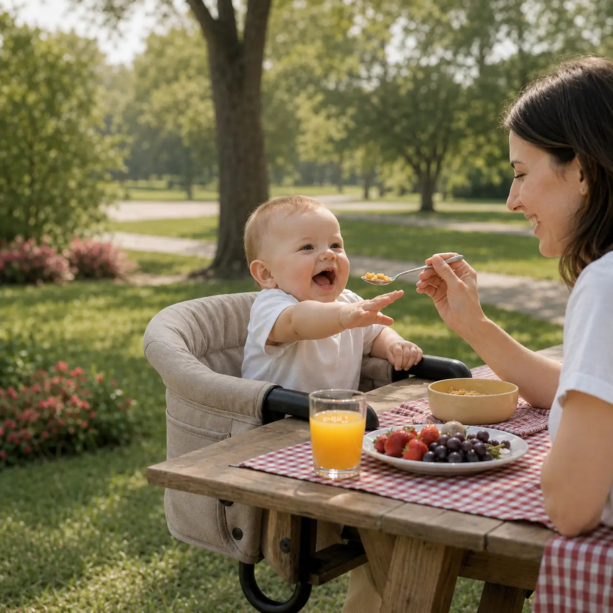Mom feeding a baby in a hook on high chair outdoors at a picnic table.