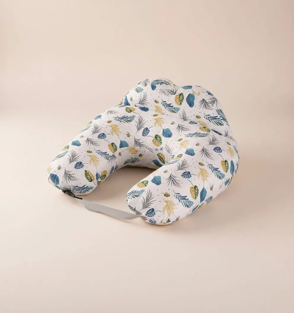 Noa Nest ergonomic feeding pillow with leaf pattern – U-shape nursing support cushion for mum and baby comfort
