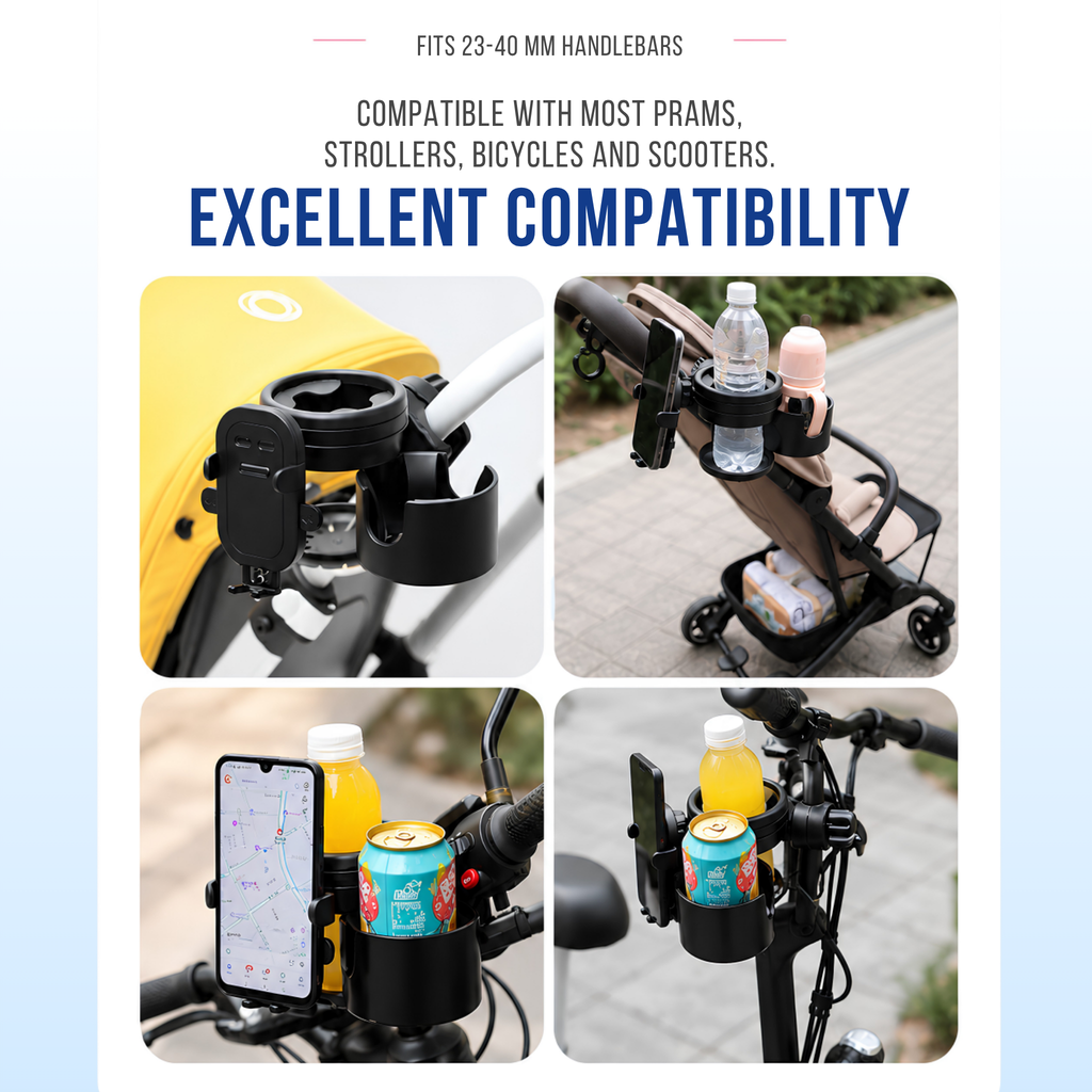 Adjustable stroller cup holder compatible with most prams strollers bicycles scooters wheelchairs and shopping trolleys