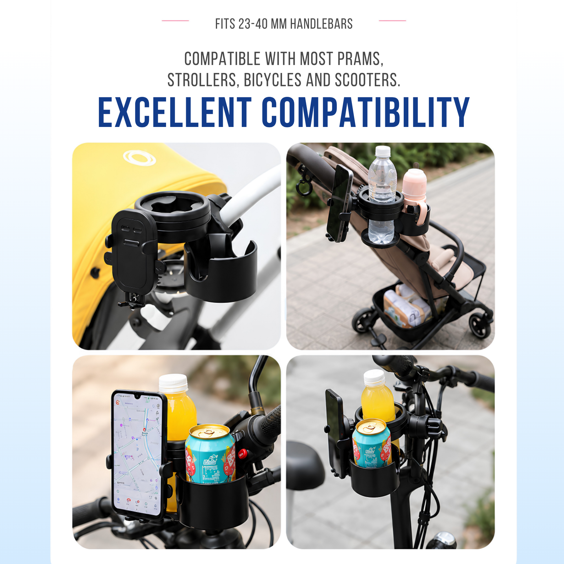 Adjustable stroller cup holder compatible with most prams strollers bicycles scooters wheelchairs and shopping trolleys