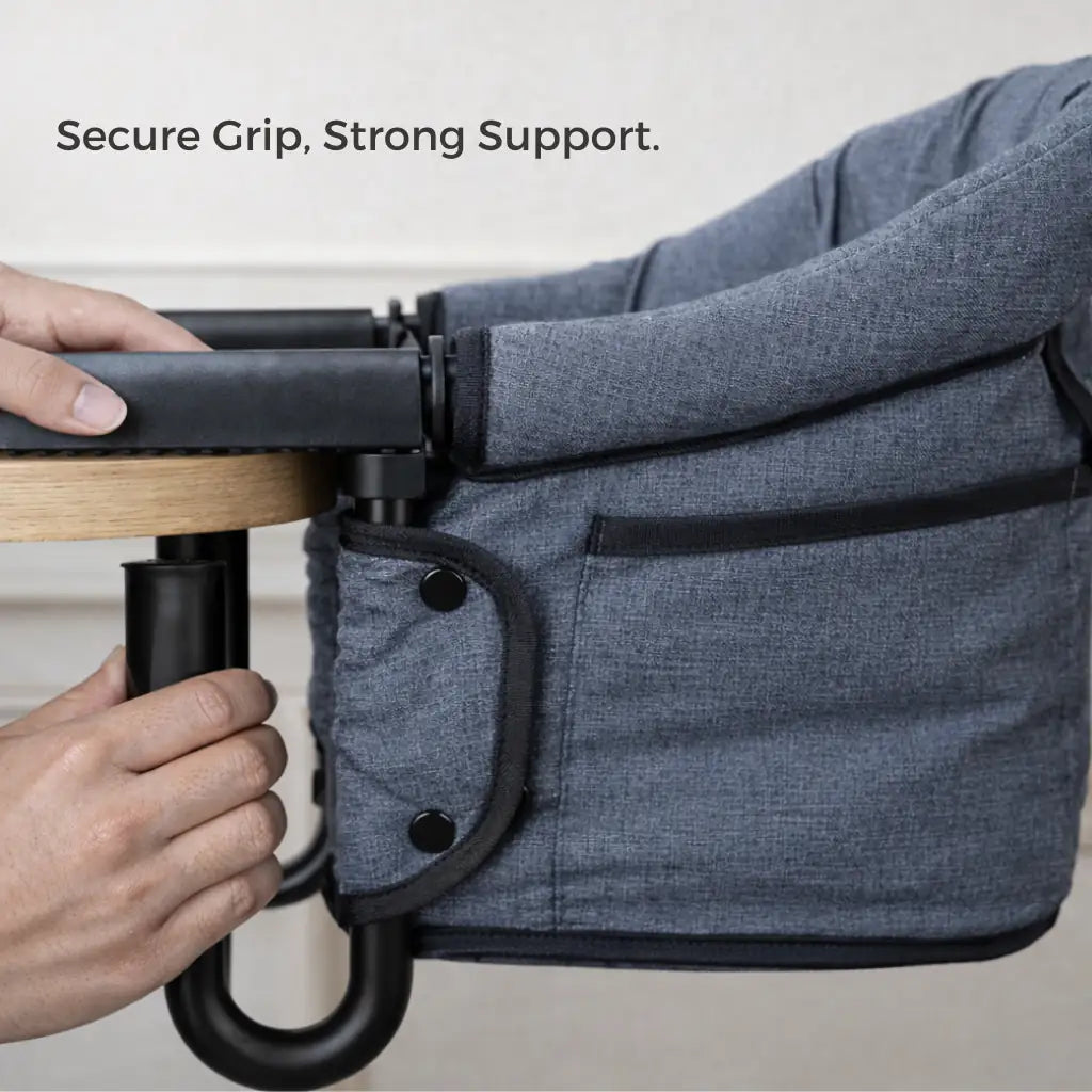 Close-up of clip-on high chair clamp and safety support frame