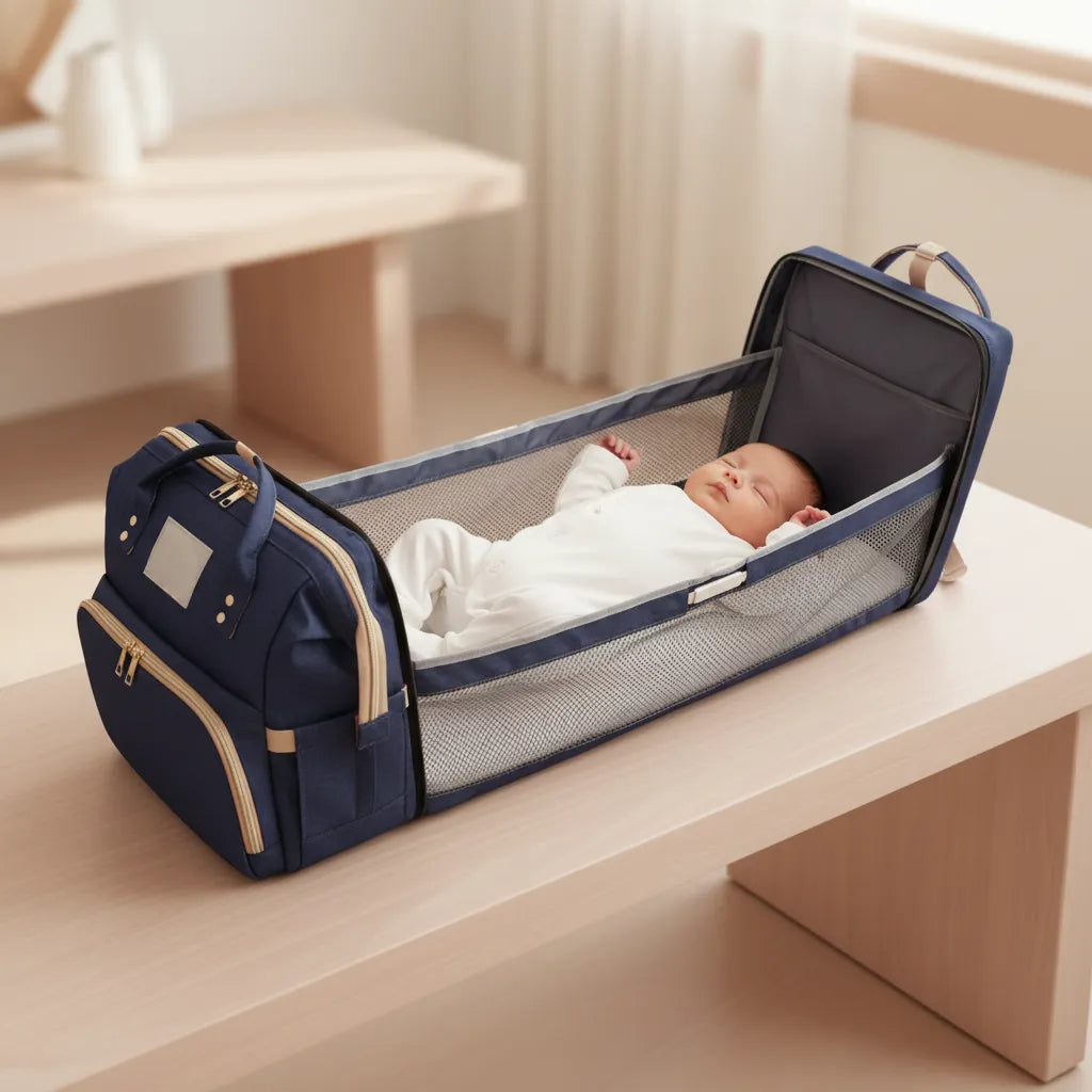 Noa Nest diaper bag that unfolds into a portable baby sleeping and changing space