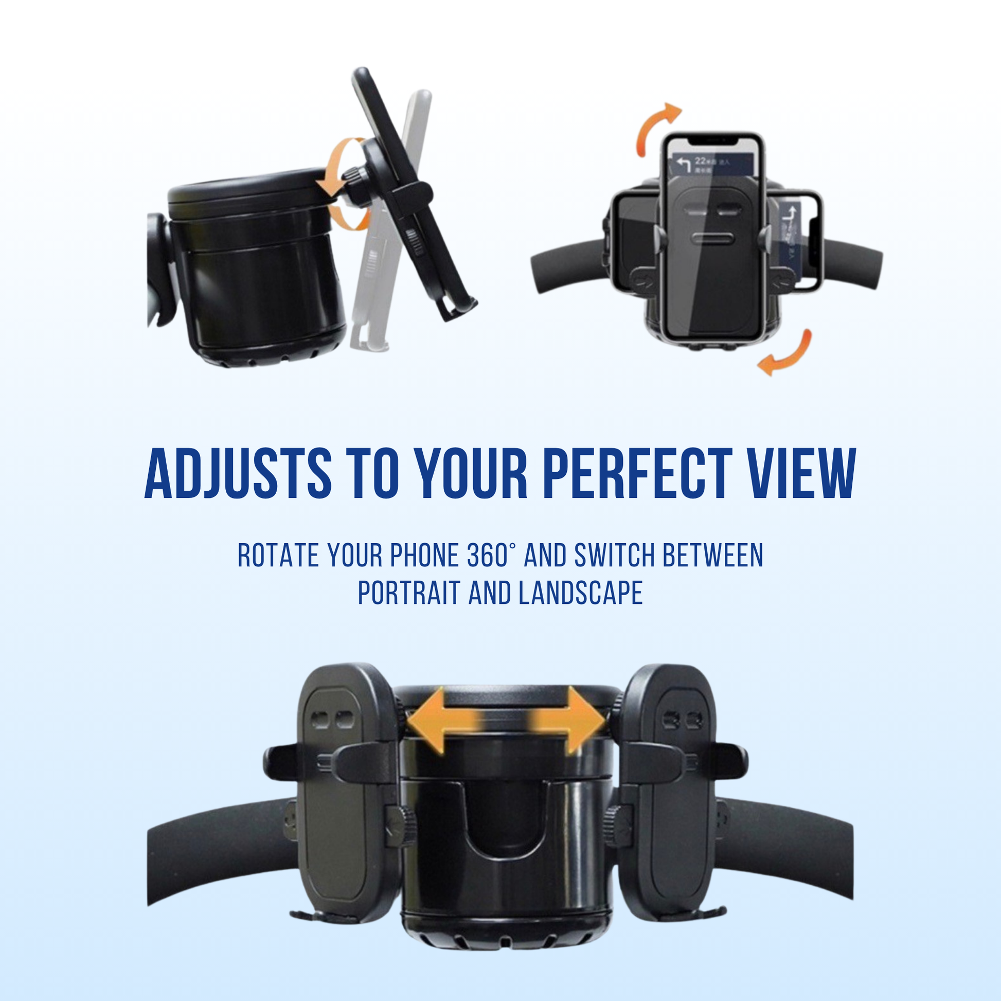 360 degree rotating phone holder and stroller cup holder allows customised viewing angles for maximum convenienc