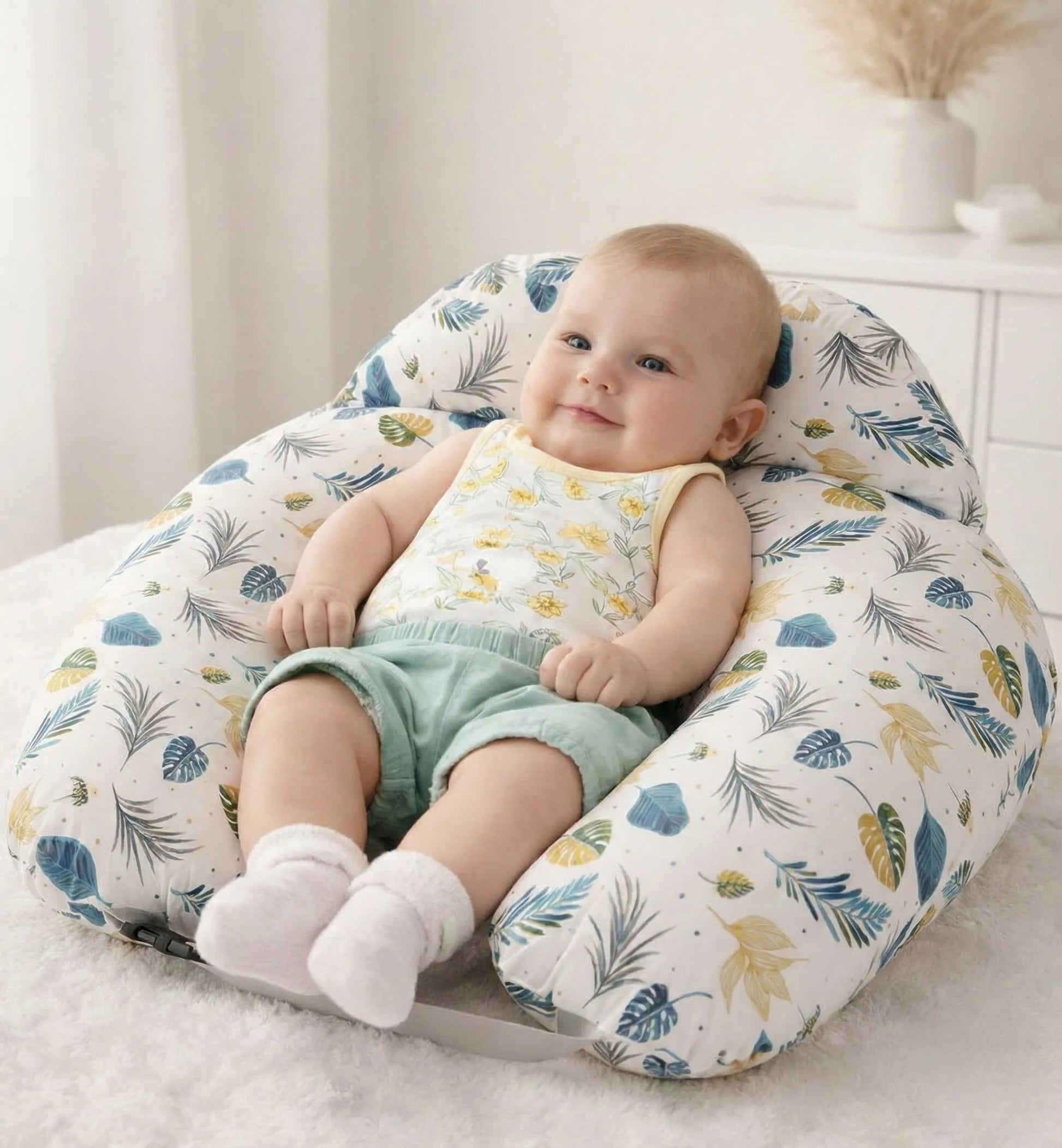 Noa Nest ergonomic feeding pillow with botanical pattern – U-shape nursing support cushion for mum and baby comfort