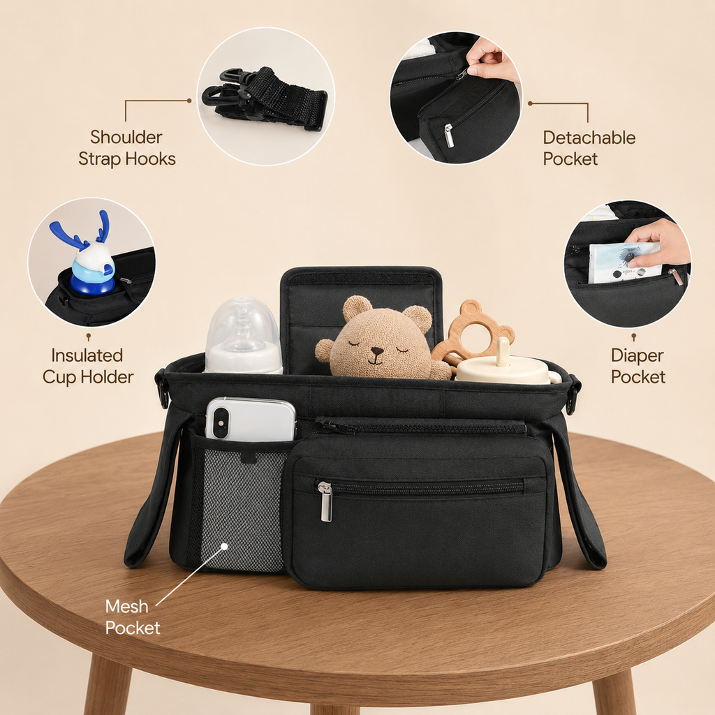 Noa Nest Pram Organiser Bag with Bottle Holders, Phone Pocket & Zip Pouch