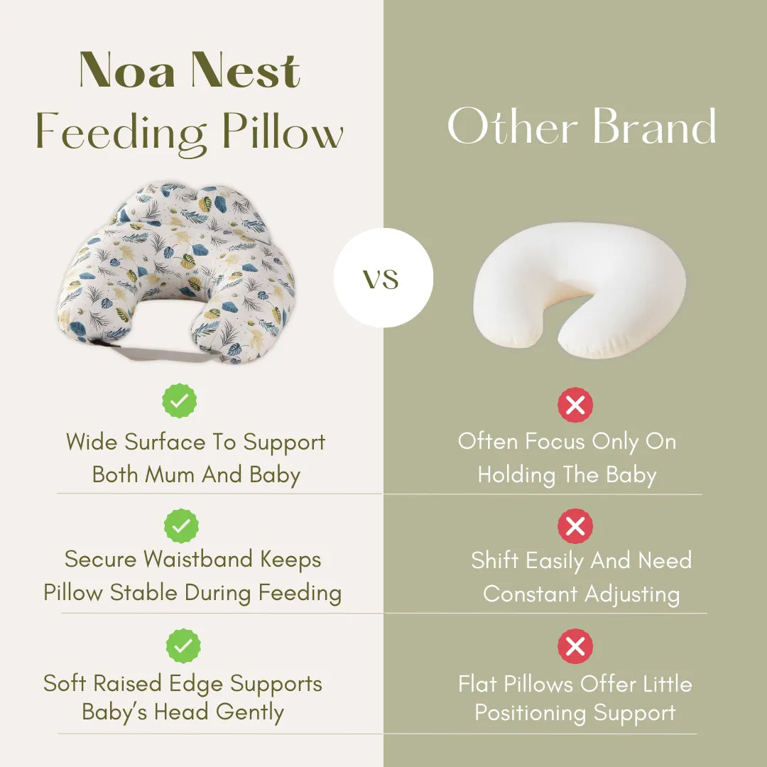Noa Nest ergonomic feeding pillow with leaf pattern – U-shape nursing support cushion for mum and baby comfort