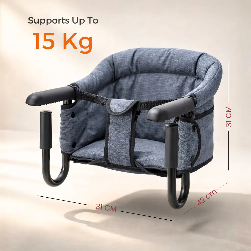 Blue clip-on high chair with 15 kg weight capacity