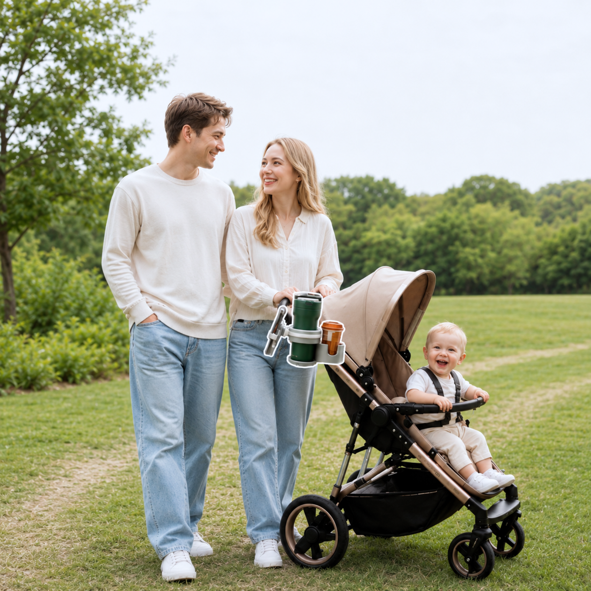 Couple with a baby in a stroller in a park using stroller cup holder 