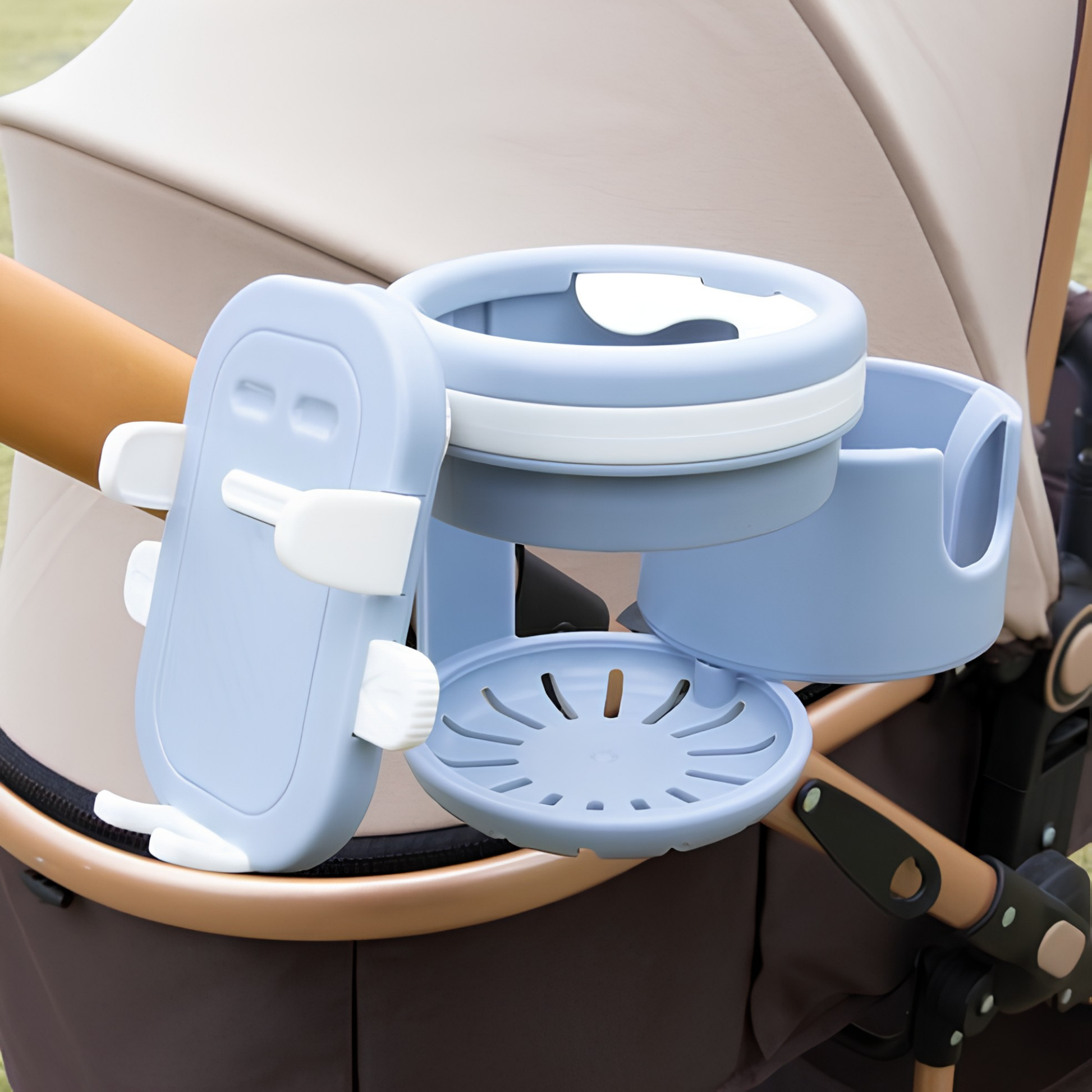 Blue cup holder attached to a stroller