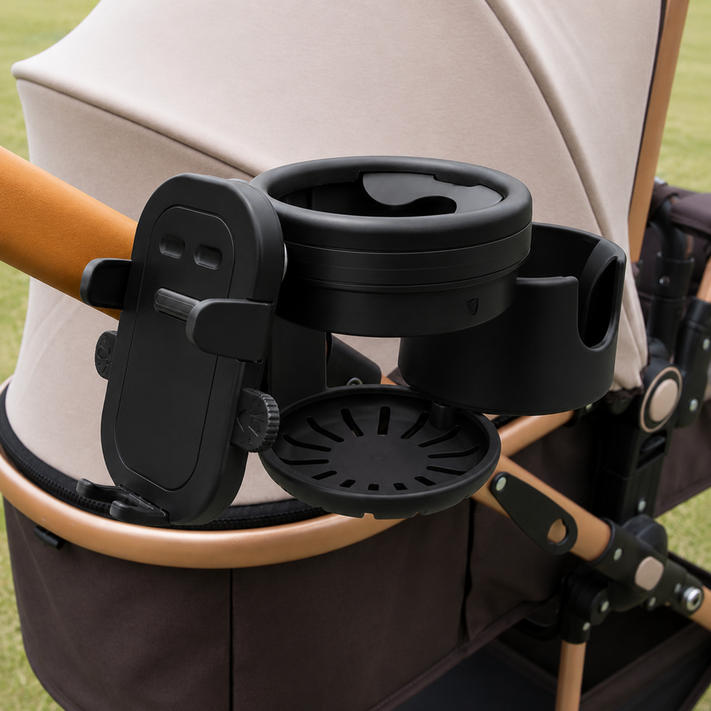Black cup holder attached to a beige stroller 
