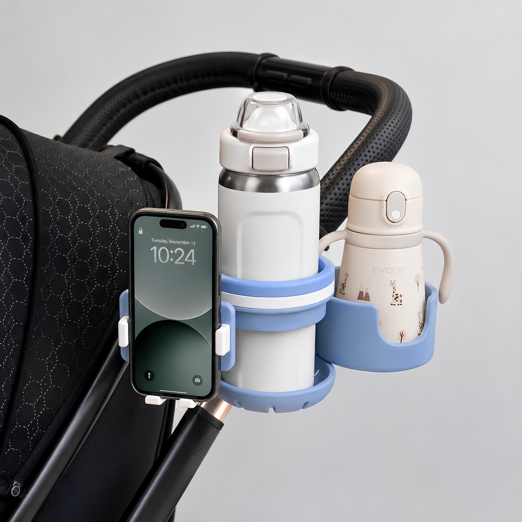 Universal stroller cup holder with phone holder attached to pram handle holding a Stanley bottle, baby bottle and smartphone for hands-free walks