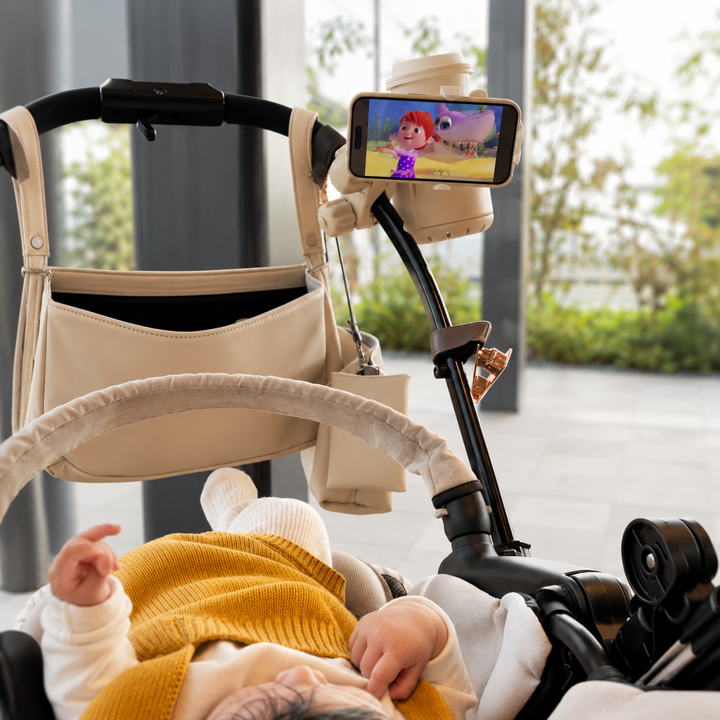 Baby in a stroller with a smartphone holder displaying a cartoon on a screen.