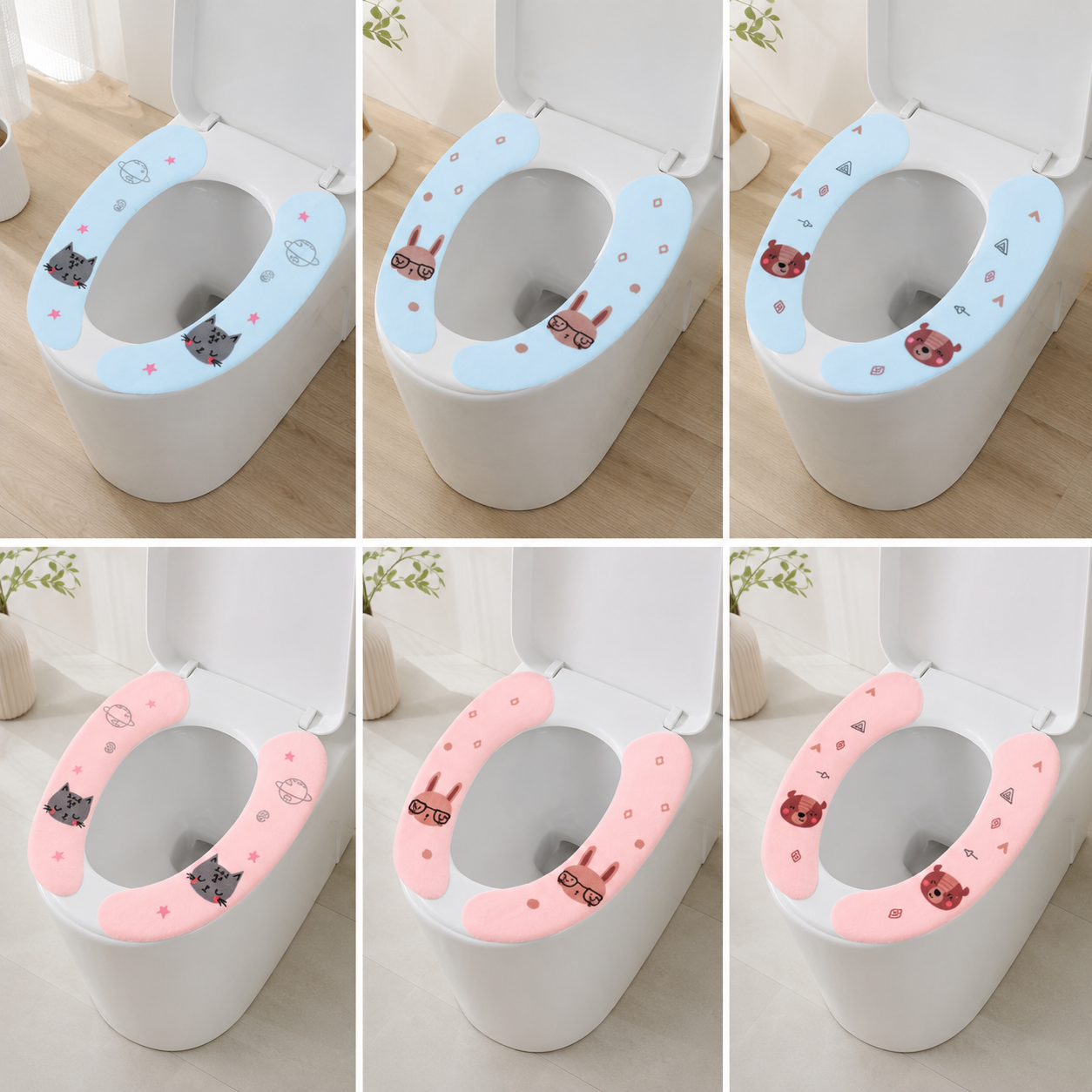 Collage of toilet seat covers with cartoon designs on a white background