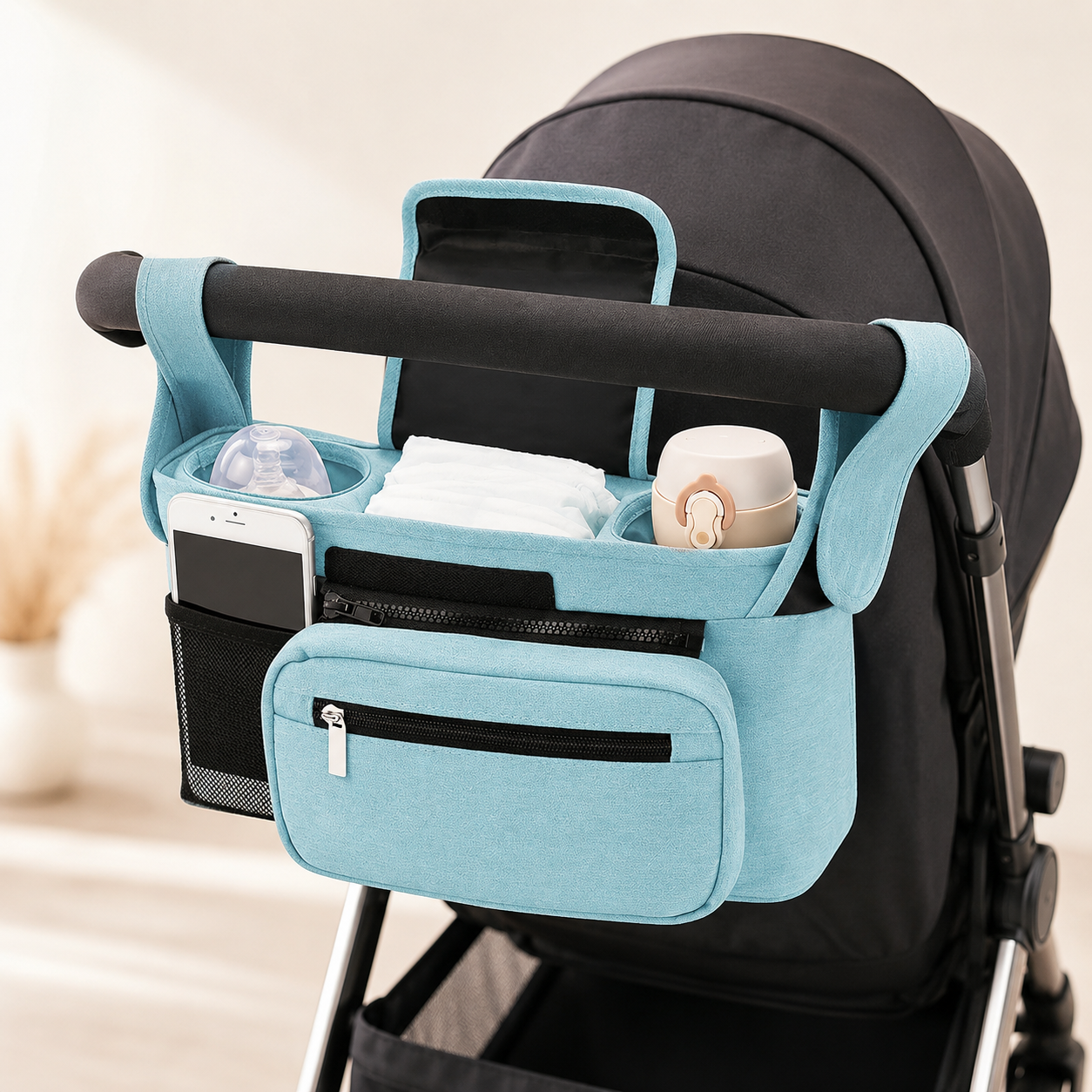Noa Nest Pram Organiser Bag with Bottle Holders, Phone Pocket & Zip Pouch